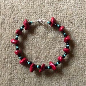 Handmade red and turquoise bracelet